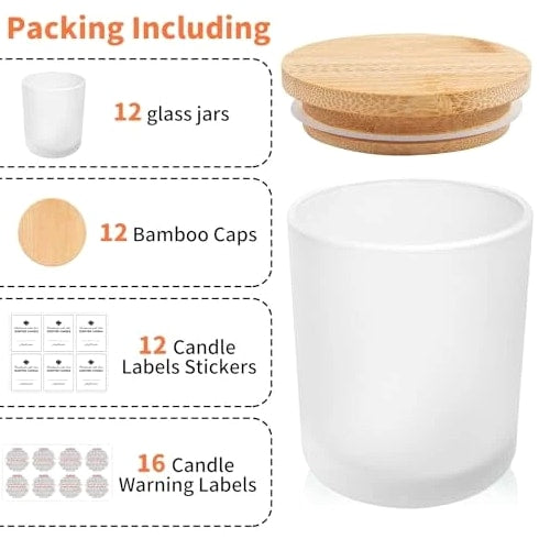 12 Pack Glass Candle Jars - 10 OZ Frosted Empty Containers with Bamboo Lids