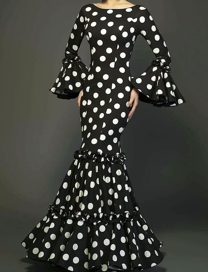 Polka Dot Trumpet Sleeve Evening Dress with Fishtail Hem