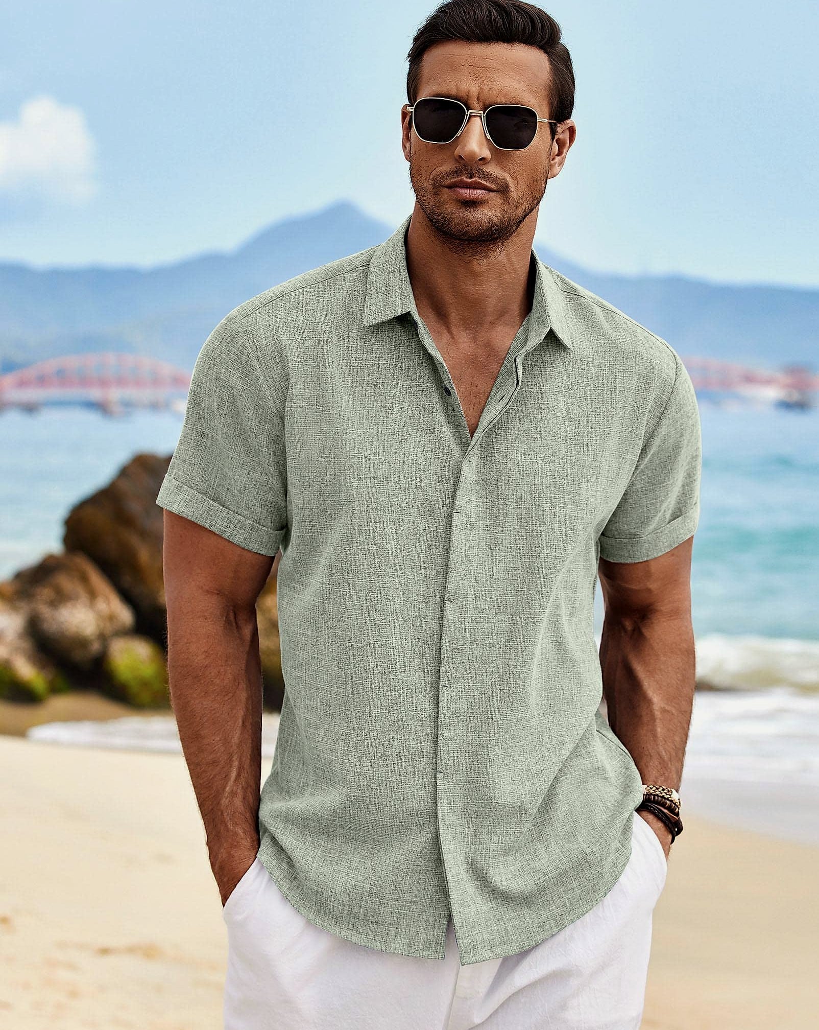 COOFANDY Men's Linen Short Sleeve Casual Button Down Shirt