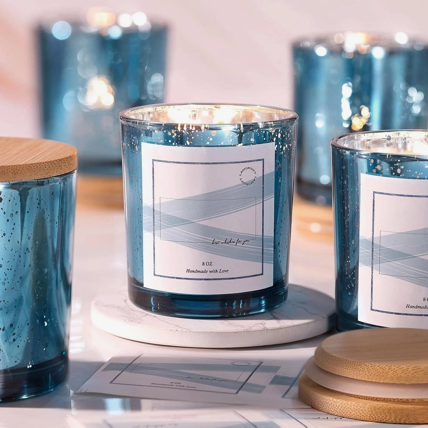 LAMORGIFT 15 Pack Glass Candle Jars with Lids (8Oz, Lake Blue) - Candle Making Containers