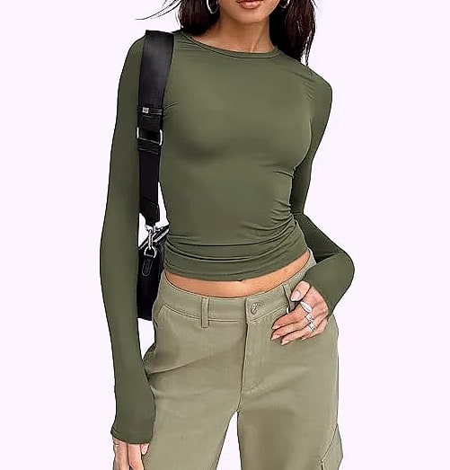Women's Long Sleeve Crew Neck T-Shirt Slim Fit Solid Tee