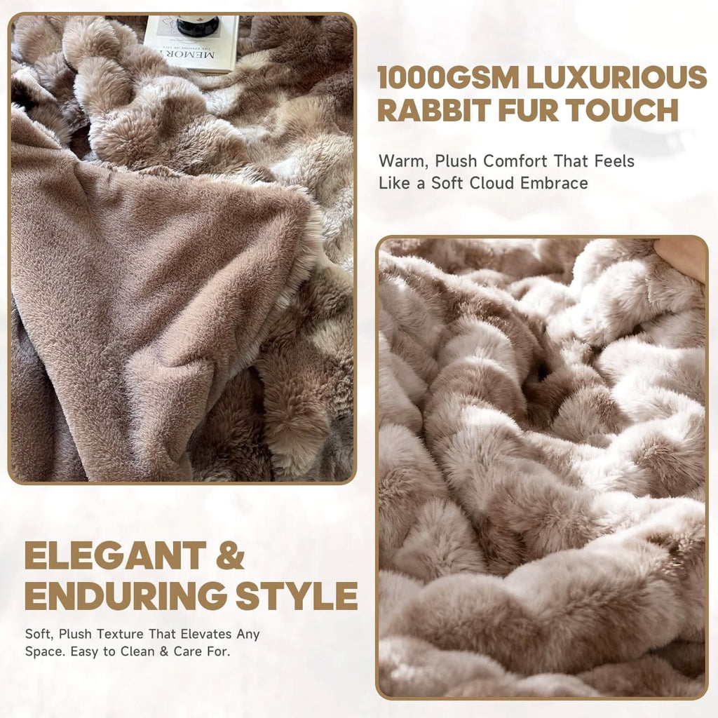 Luxury 1000GSM Faux Rabbit Fur Throw Blanket - Tie-Dye Brown, Ultra Soft Plush...