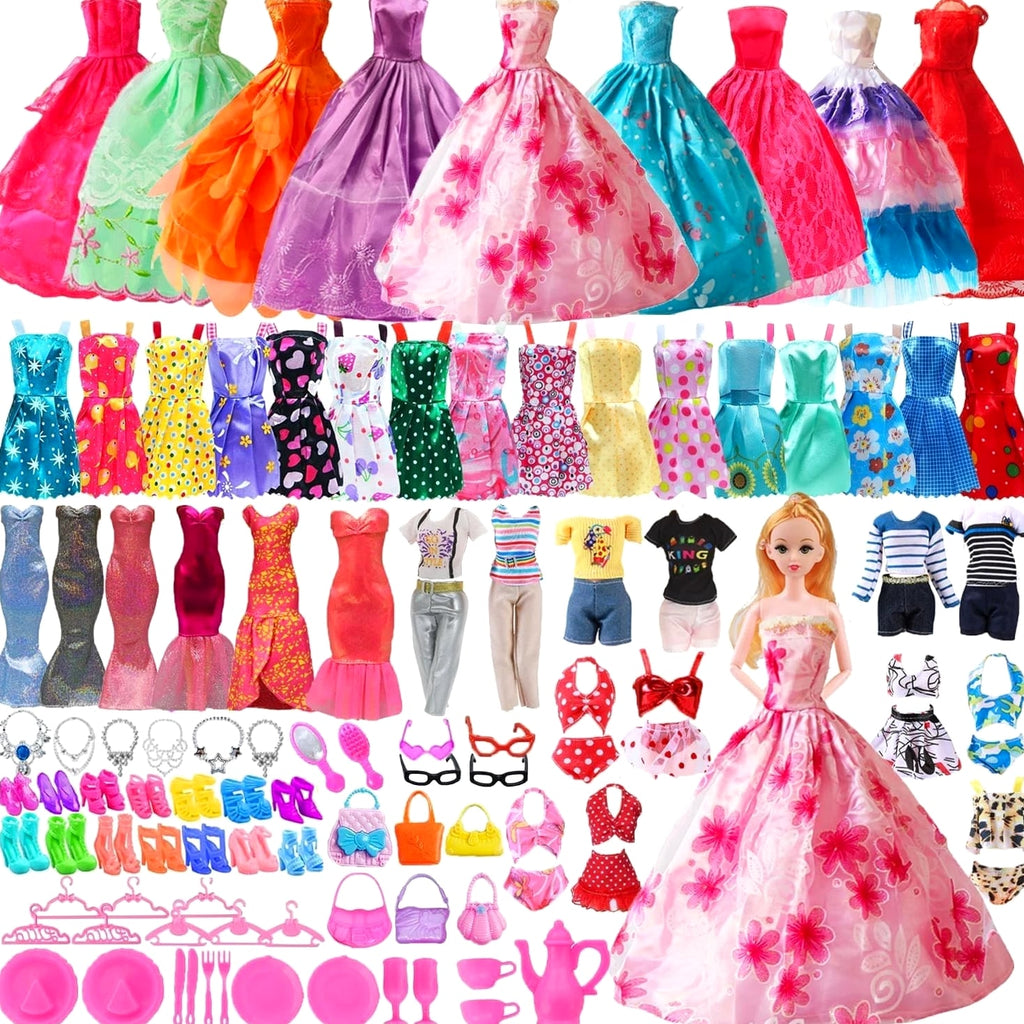 98 PCS Barbie Clothes Doll Fashion Wear Clothing Outfits Dress up Gown Shoes Lot