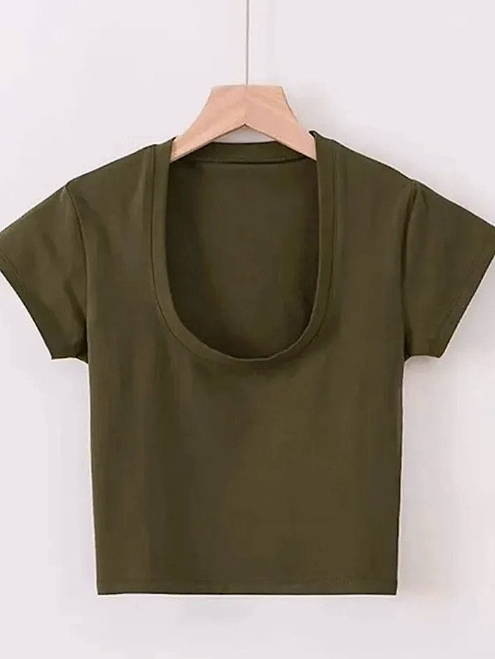 Dozw U-Neck Crop Top High Waist Women's Casual T-Shirt