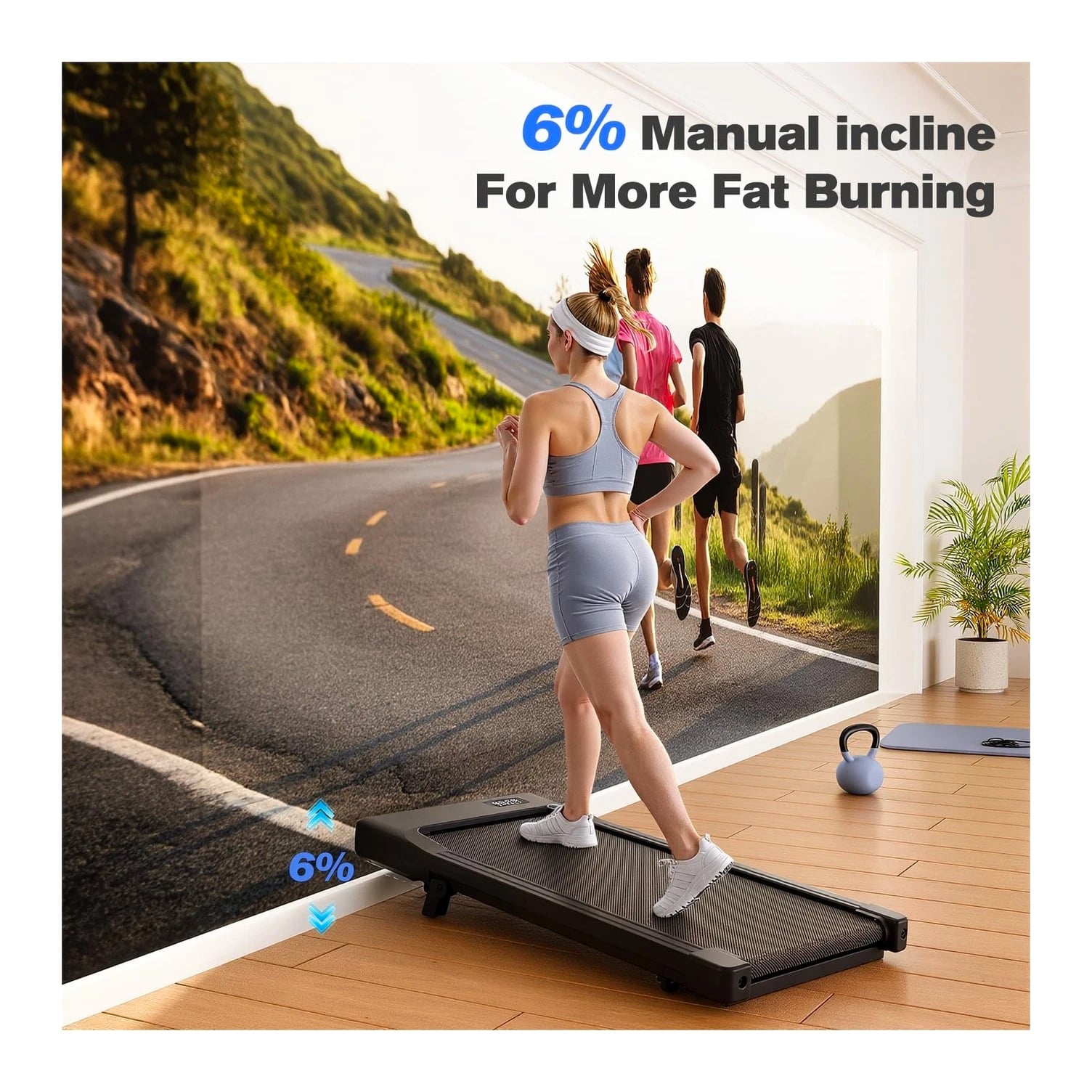 Walking Pad with 6% Incline, No-Assembly Treadmill with APP and Remote Control