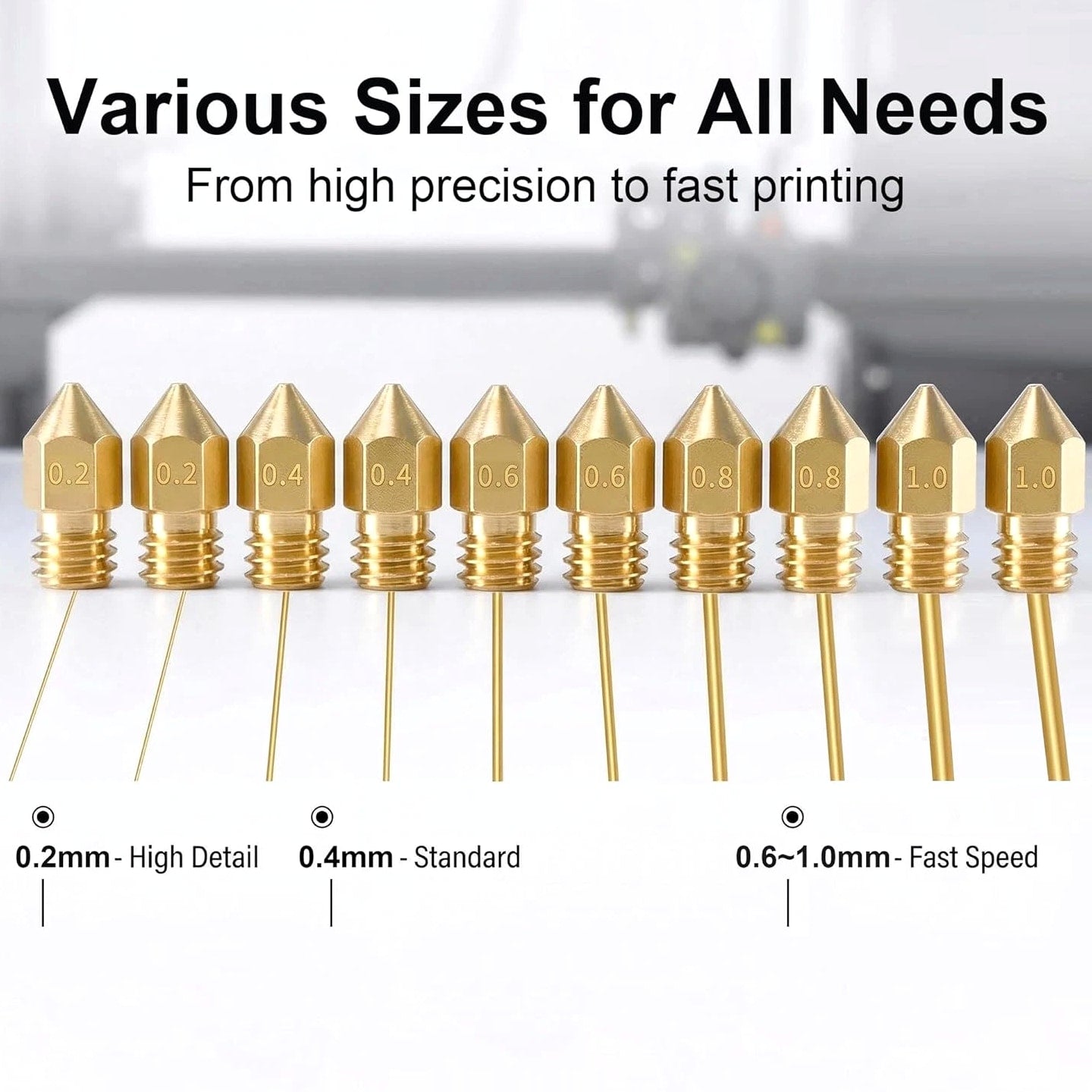 3D Printer Nozzle Kit, 16 PCS MK8 Brass Nozzles 0.2/0.4/0.6/0.8/1.0Mm with Wrench