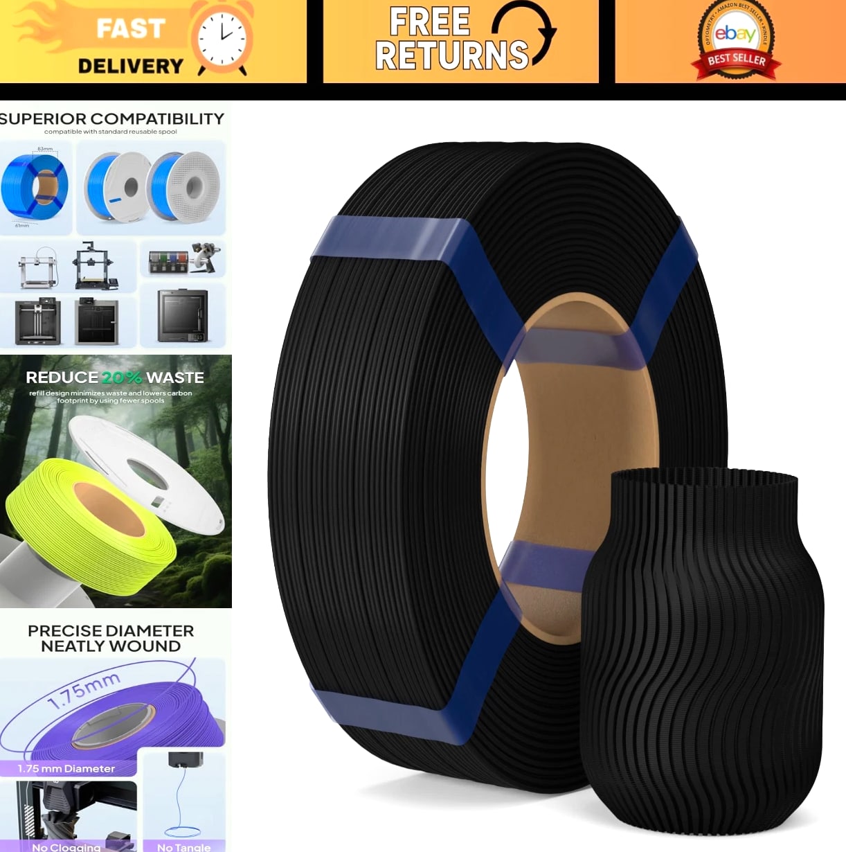 1.75mm Black PLA Filament 1KG - High Precision 3D Printer Material, No Spool, Re