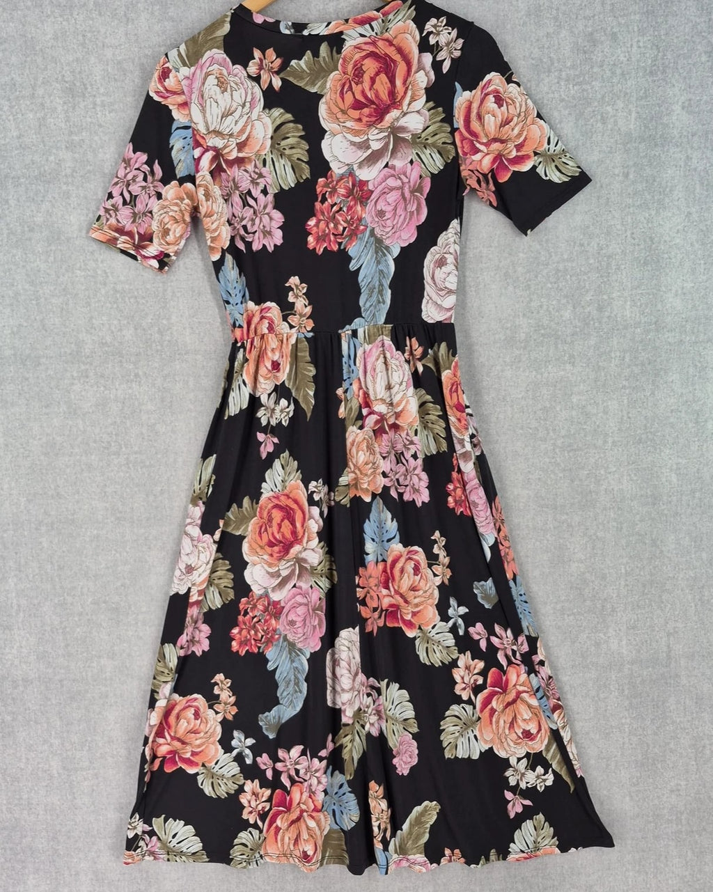 Vintage Promesa Dress Medium Romantic Black Floral Midi Fit Flare Pockets Boho