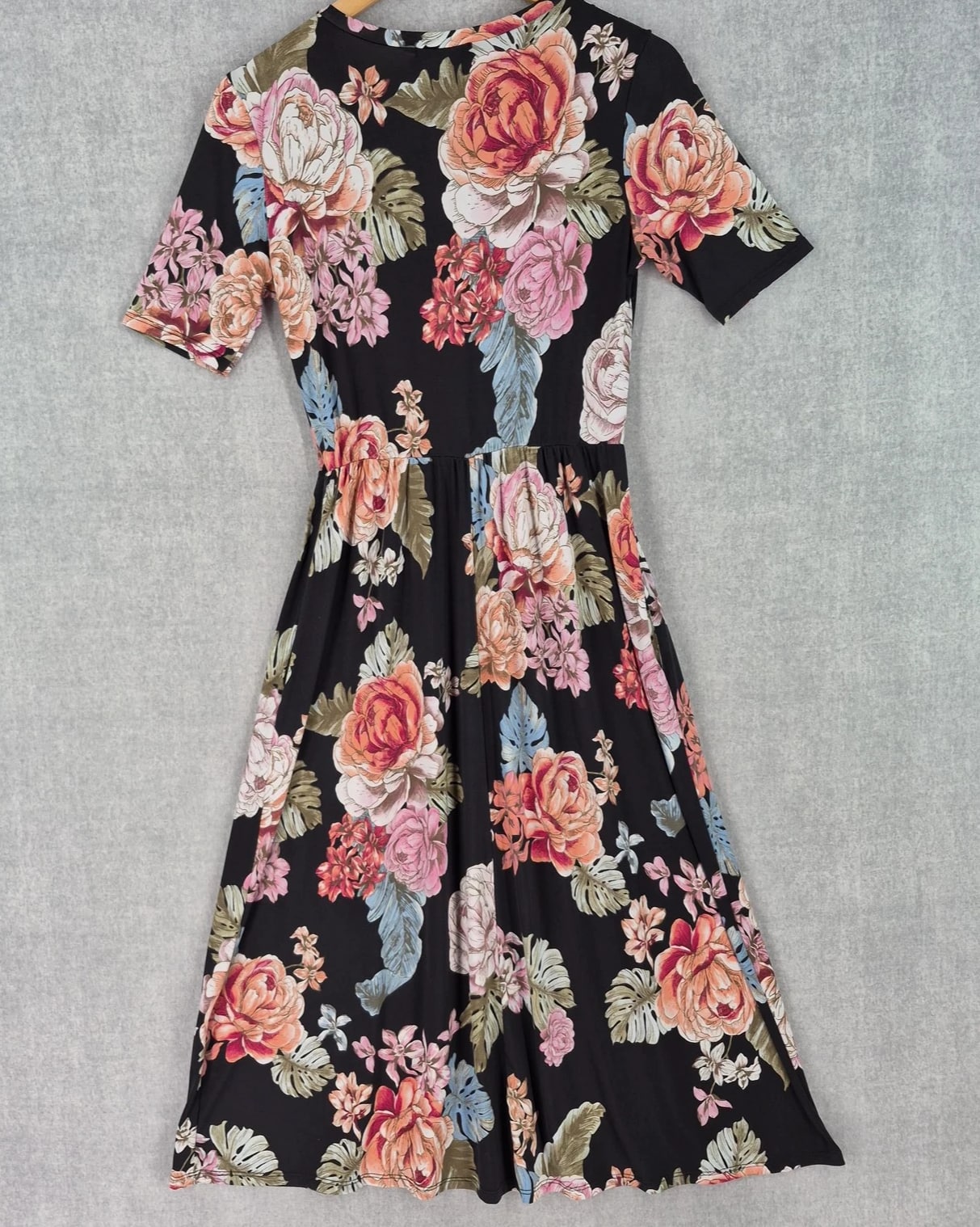 Vintage Promesa Dress Medium Romantic Black Floral Midi Fit Flare Pockets Boho