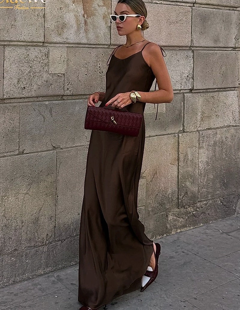 Clacive Brown Satin Floor Length Backless Dress