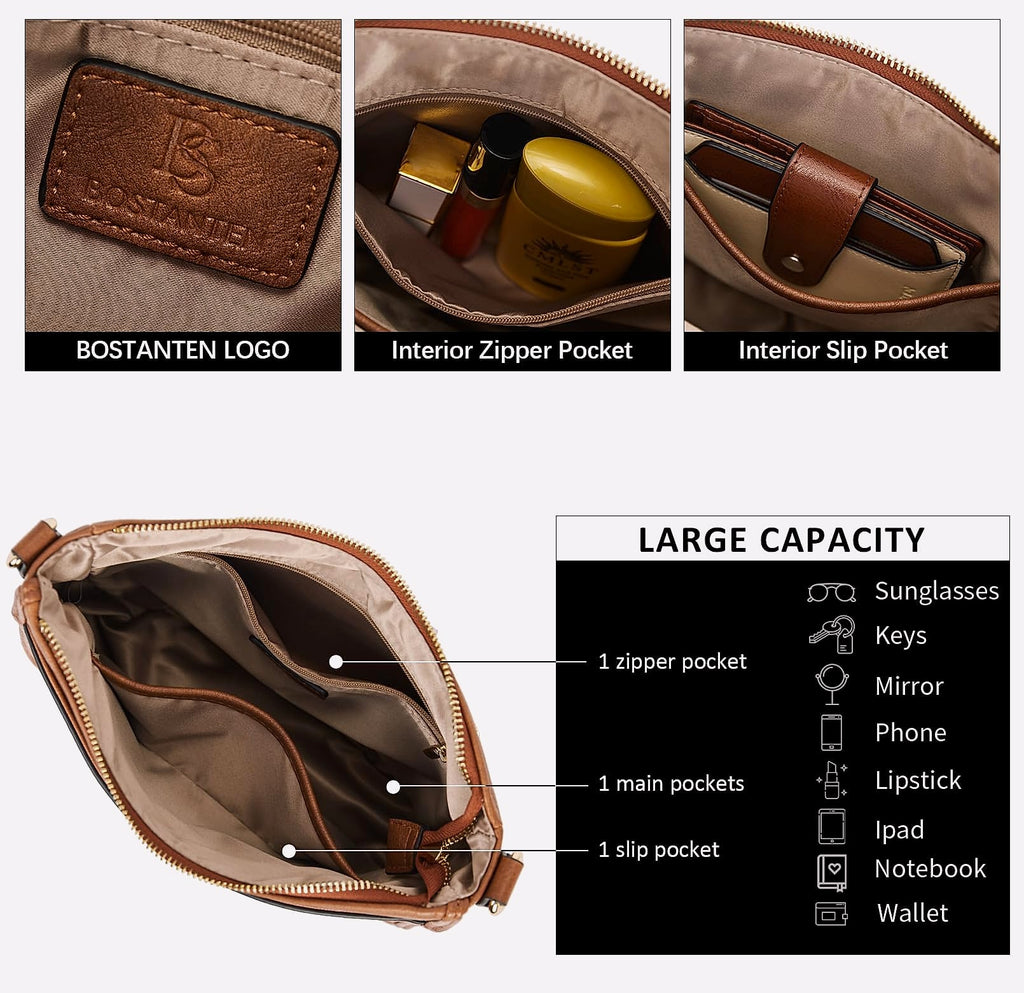 BOSTANTEN Women's Vegan Leather Crossbody Bag Hobo Shoulder Purse