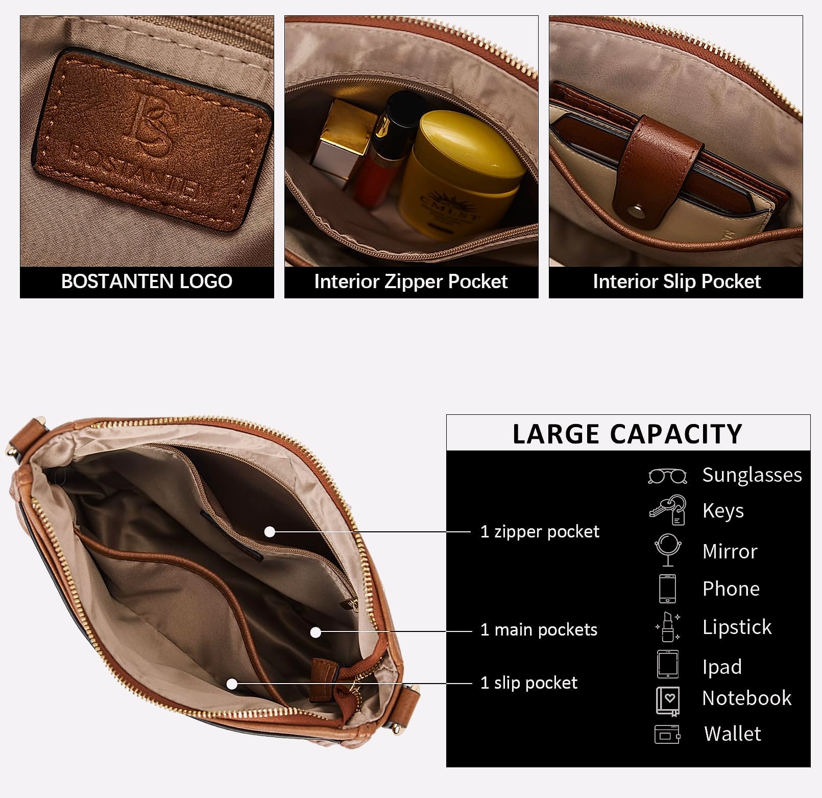 BOSTANTEN Women's Vegan Leather Crossbody Bag Hobo Shoulder Purse