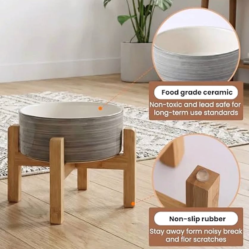 Elevated Ceramic Dog Bowl with Bamboo Stand