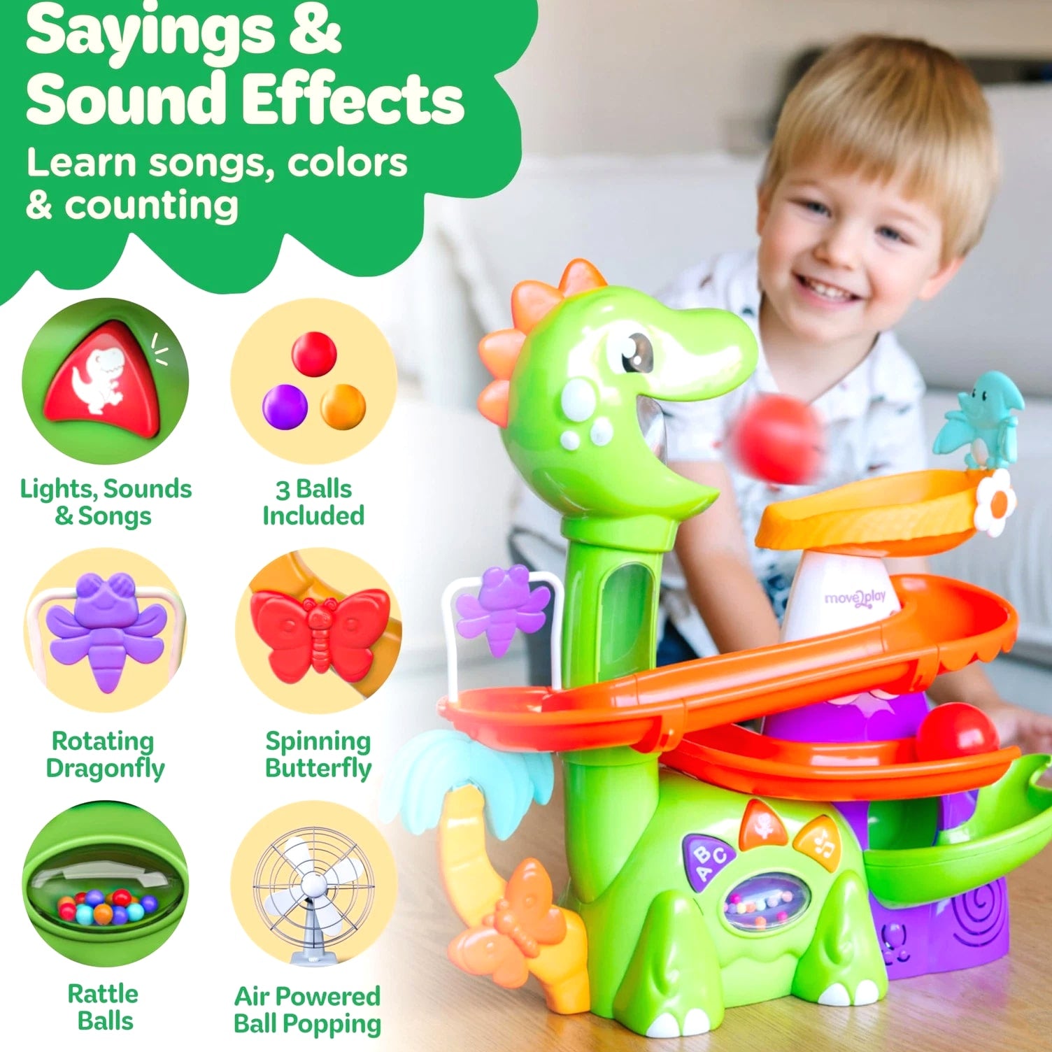 Move2Play Air-Powered Dinosaur Ball Popper | 30+ Songs, Sayings & Lights