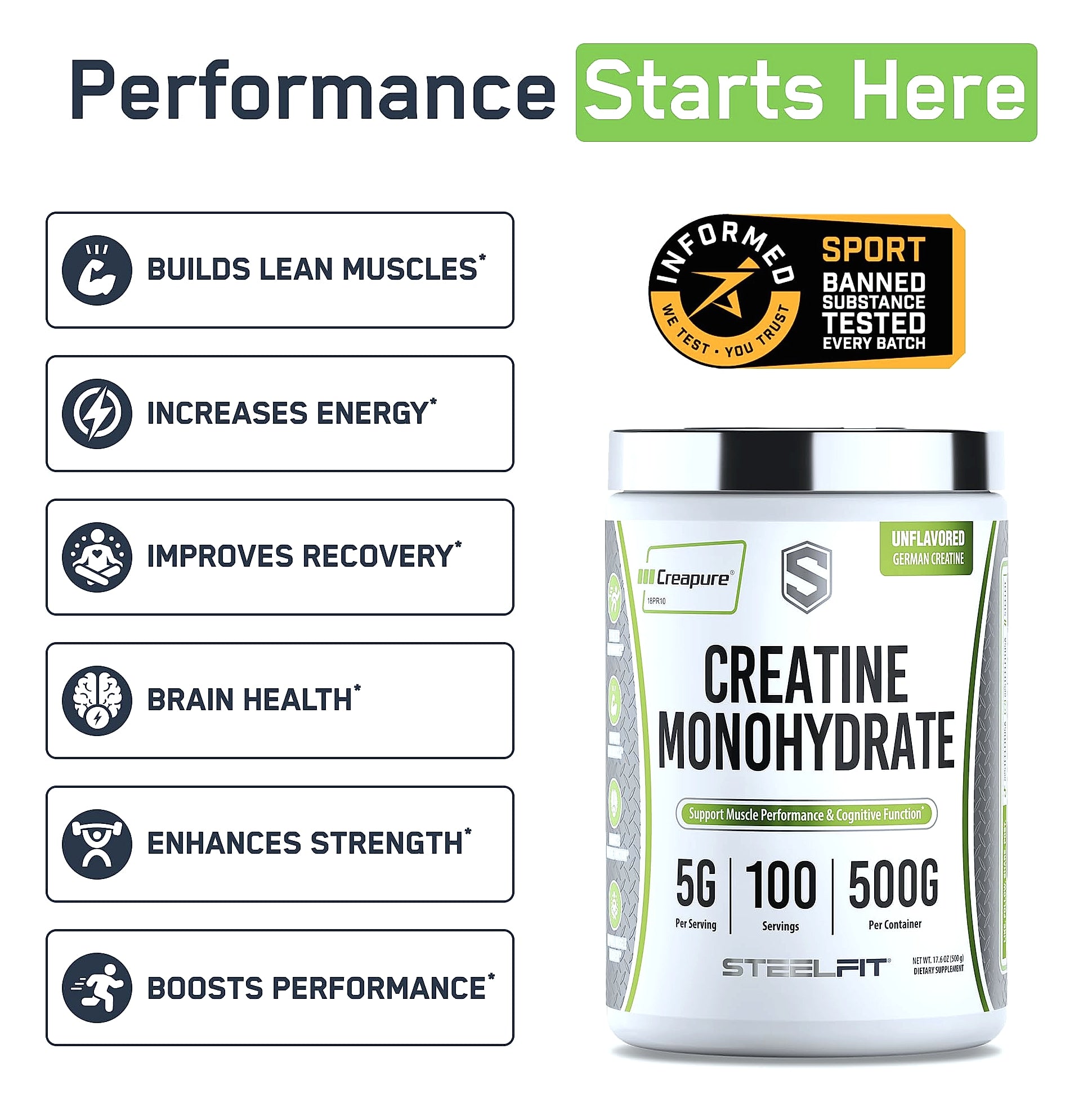 SteelFit Creapure Creatine Monohydrate Powder, Unflavored