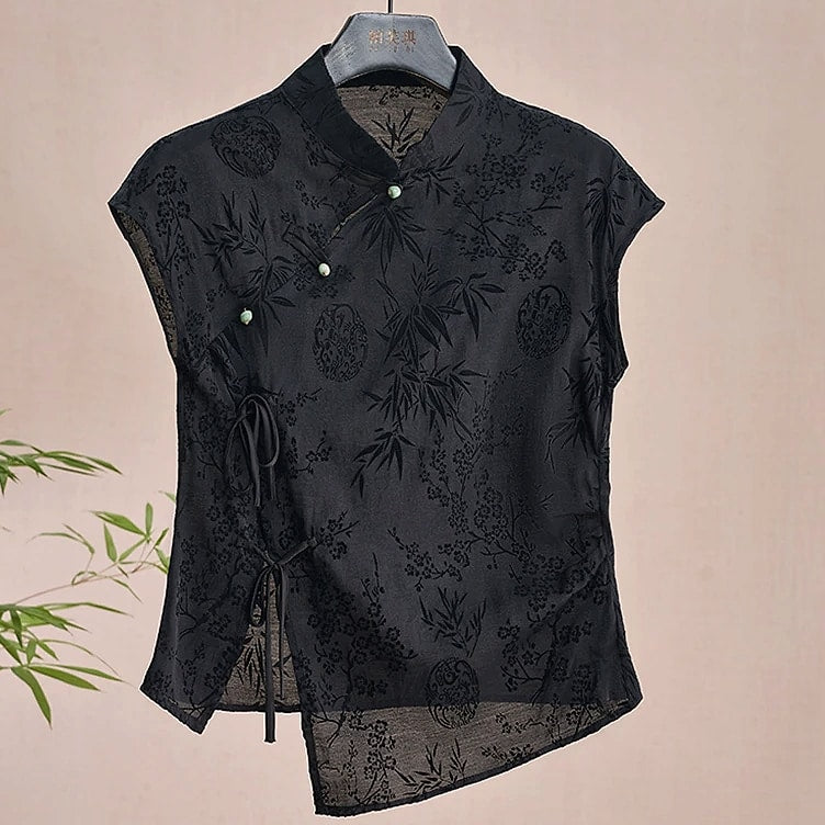 Retro Cheongsam Short Sleeve Top Black Jacquard Women's Shirt