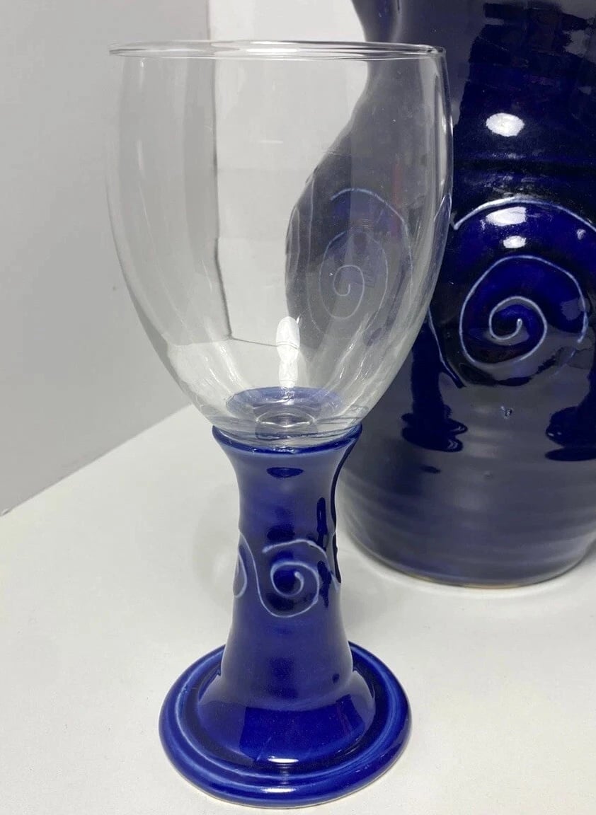 Studio pottery pitcher cobalt blue and glass Wine Glass Statement Piece