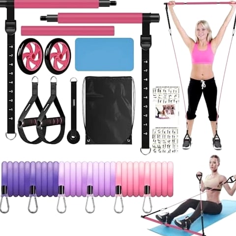 Pilates Bar Kit with Resistance Bands for Working Out, Pilates Equipment Pink