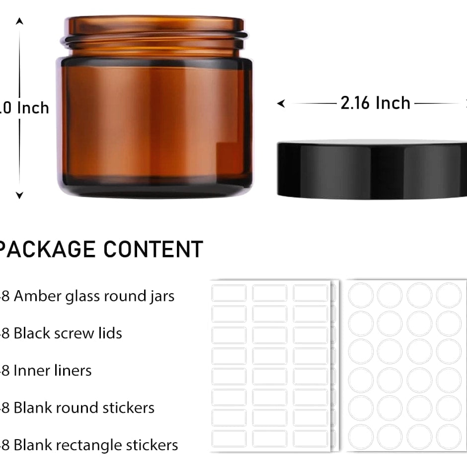 2 oz Glass Jars with Lids, 48 Pcs Small Amber Glass Candle Jars, Black Lids