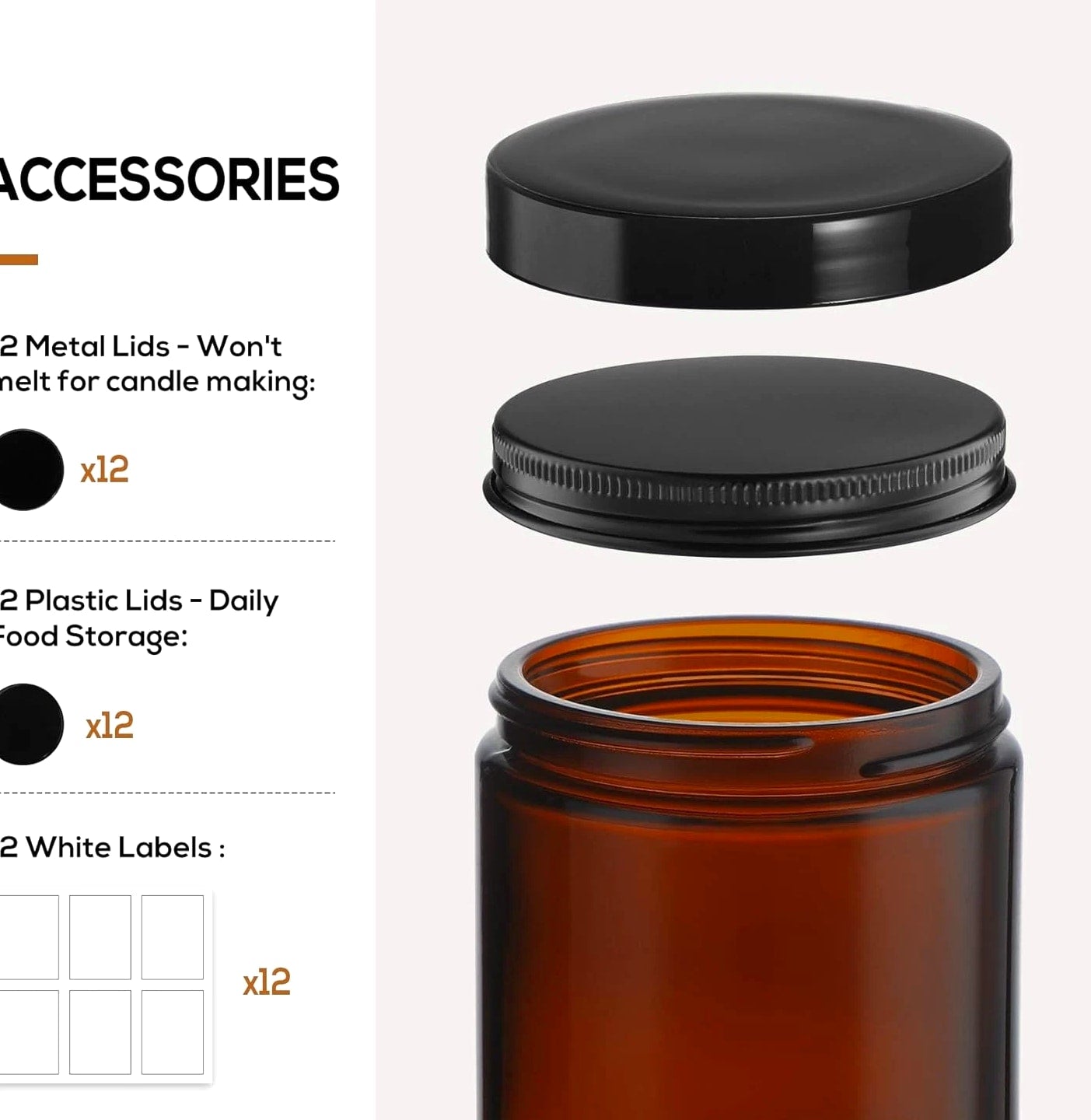 12 Pack 8 OZ Thick Glass Jars with Lids - Dark Amber Candle Jars with Metal & Plastic Lids