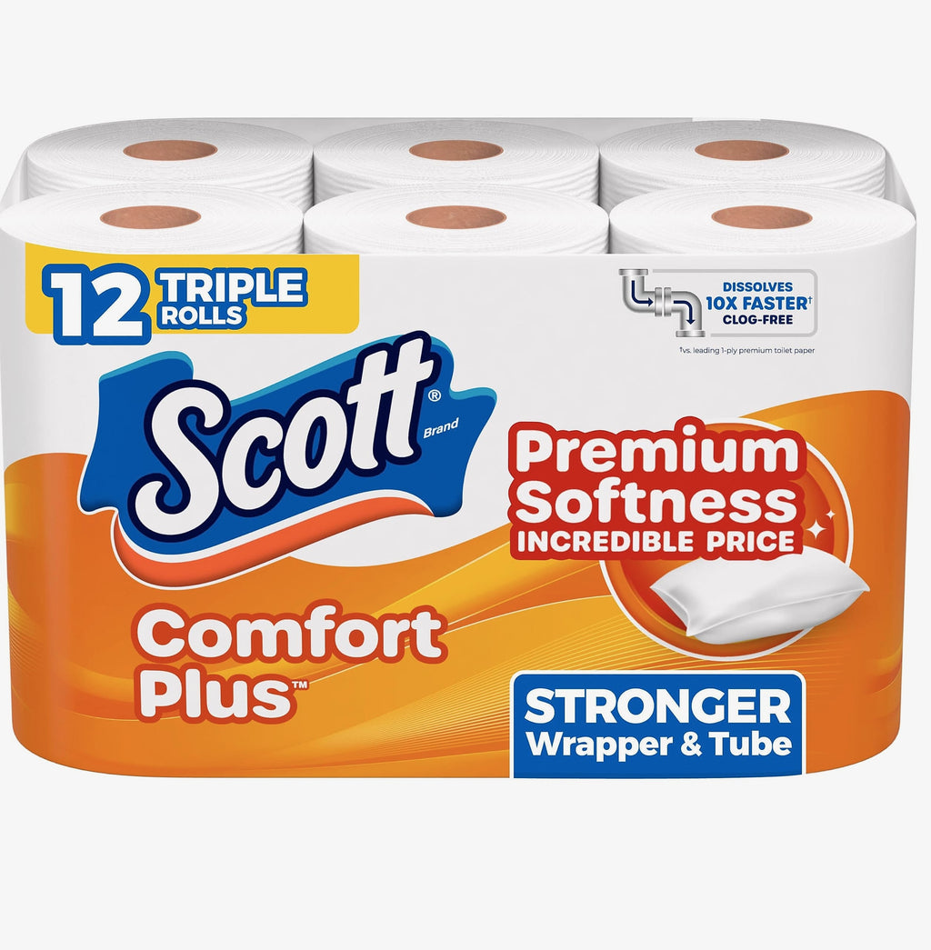Scott ComfortPlus Toilet Paper, 12 Triple Rolls, 1-Ply Bath Tissue