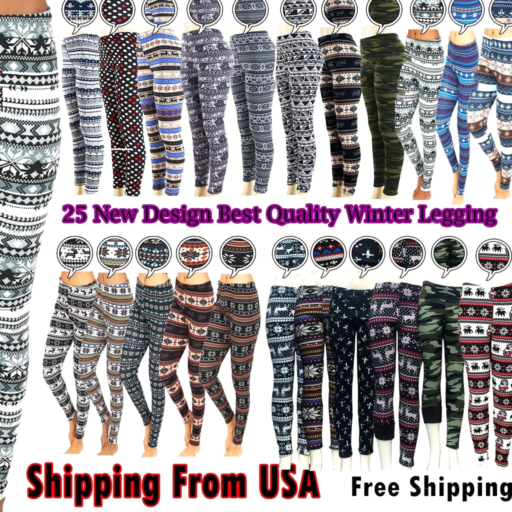 Women's Print Winter Thick Warm Fleece Lined Stretchy Leggings Pants