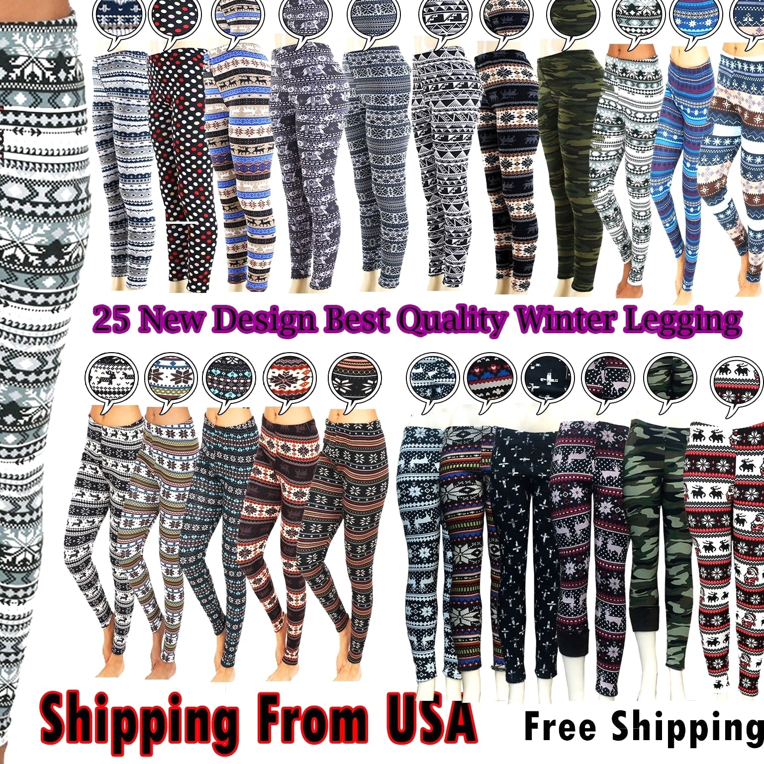 Women's Print Winter Thick Warm Fleece Lined Stretchy Leggings Pants