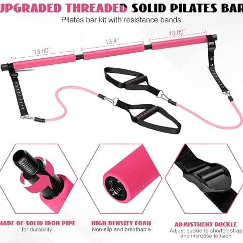 Pilates Bar Kit with Resistance Bands for Working Out, Pilates Equipment Pink