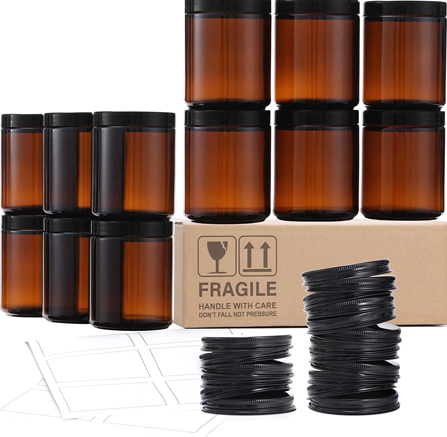 12 Pack 8 OZ Thick Glass Jars with Lids - Dark Amber Candle Jars with Metal & Plastic Lids