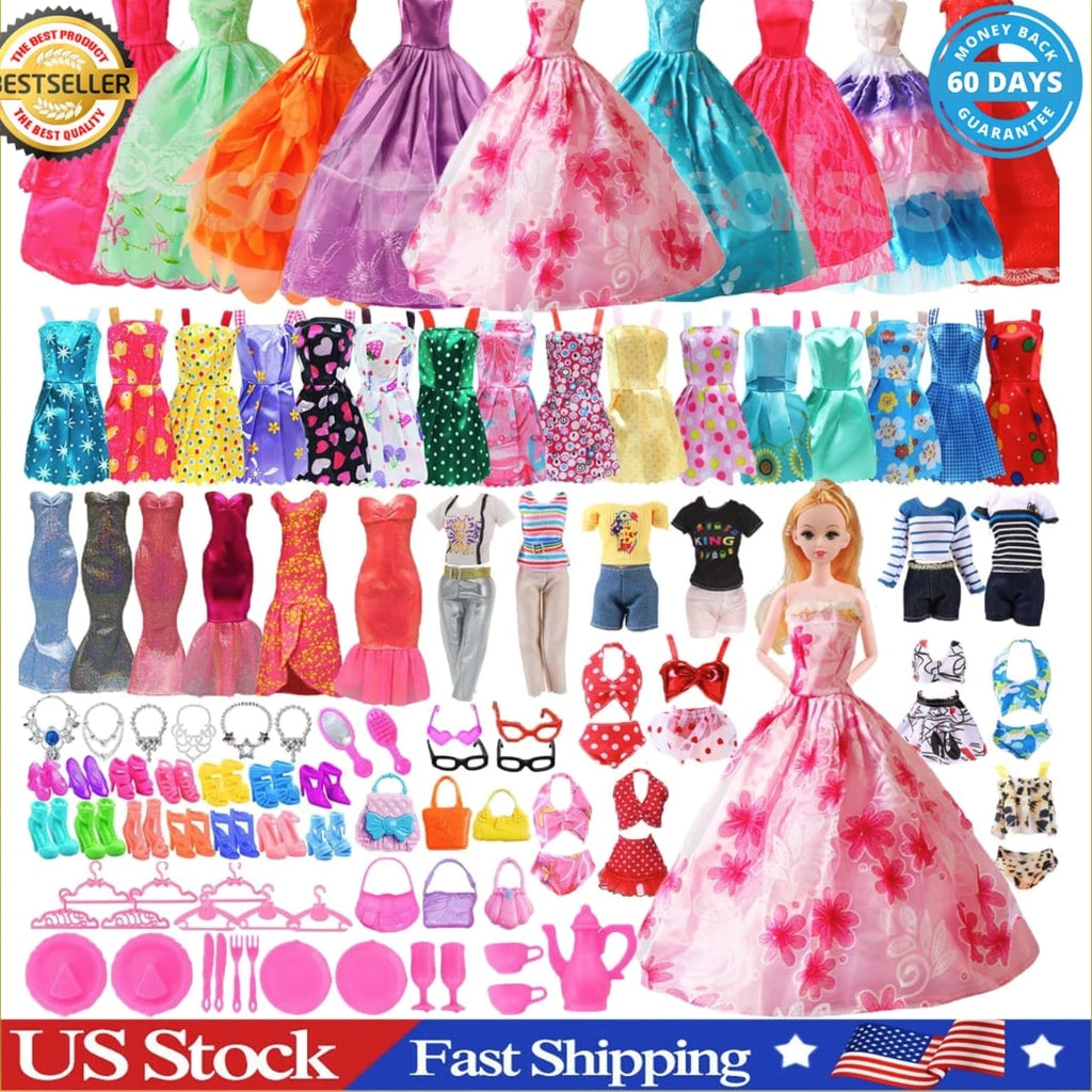 98 PCS Barbie Clothes Doll Fashion Wear Clothing Outfits Dress up Gown Shoes Lot