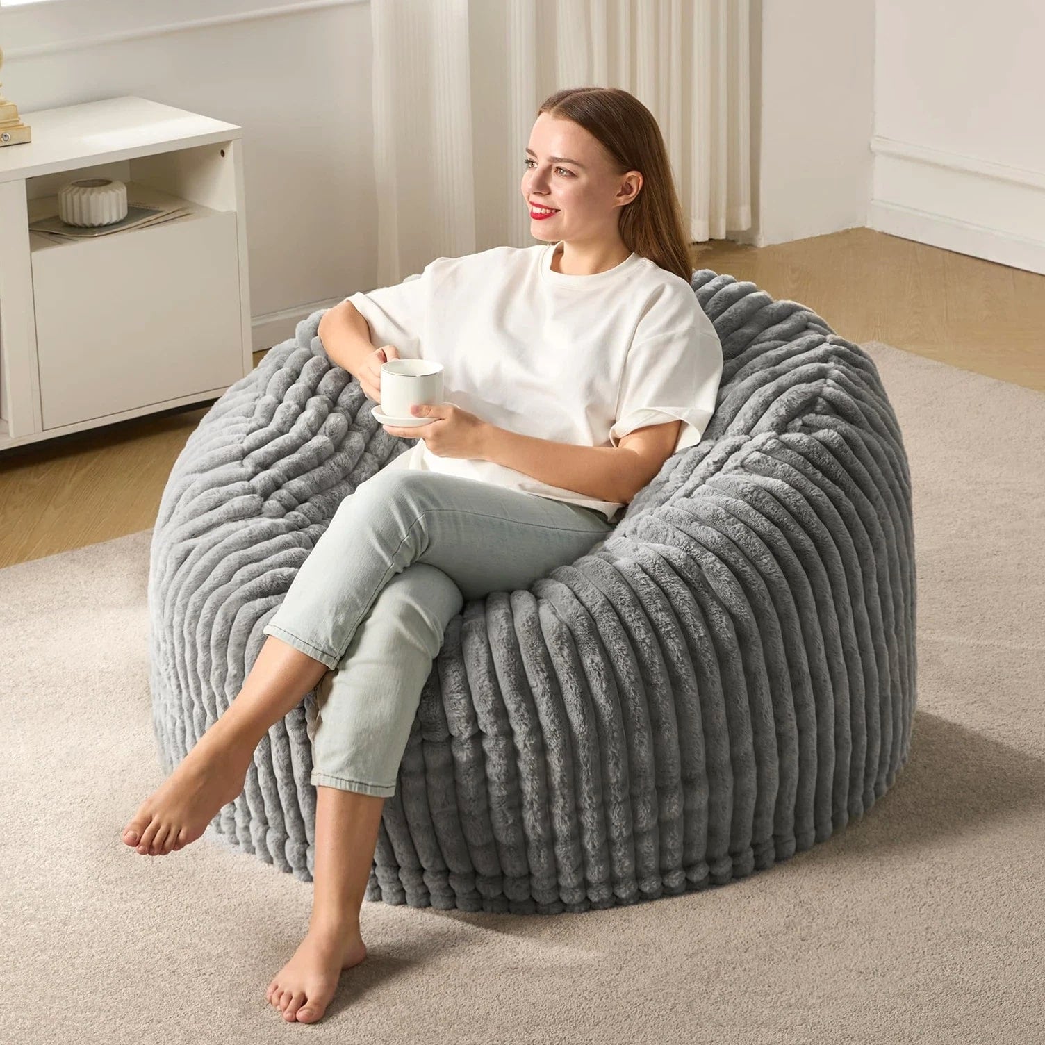 3ft Bean Bag Chairs for Adults, Large Beanbag Chair w/ Stripe Plush Cover Bi...