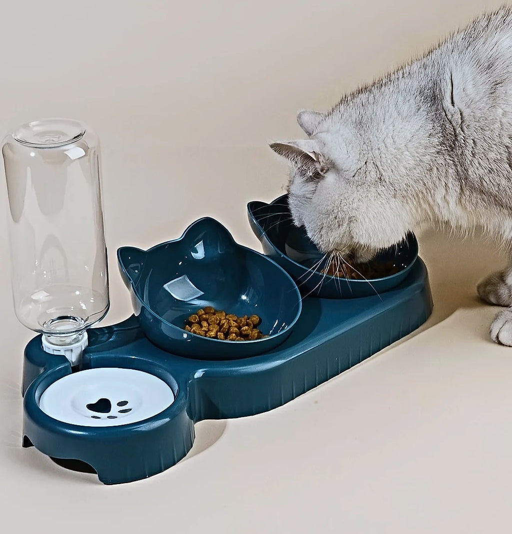 3-in-1 Tilted Cat Bowl Set with Gravity Water Feeder