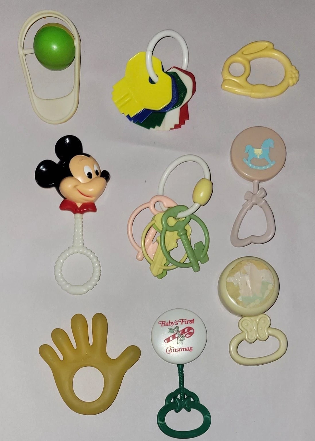 Vintage Lot Of 9 Baby Rattles And Teethers , Mickey Mouse, Keys, Rattle