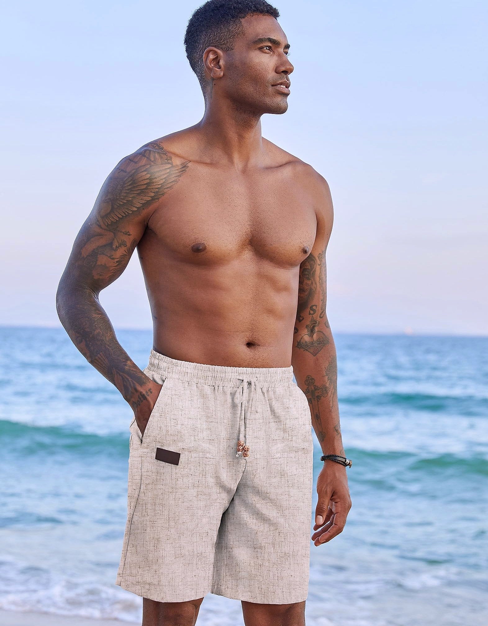 COOFANDY Men's Linen Shorts Elastic Waist Drawstring Loose Fit