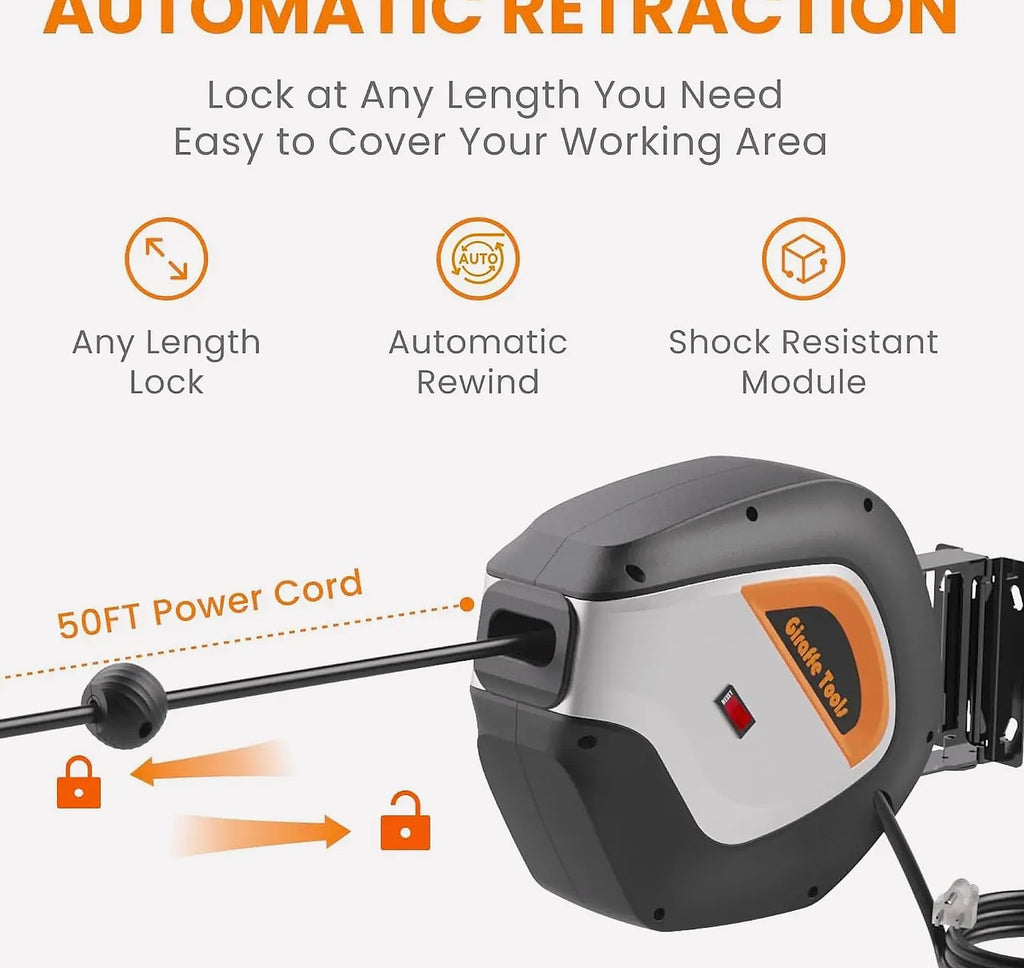 Giraffe Tools 50ft Retractable Power Cord Reel Wall Mount