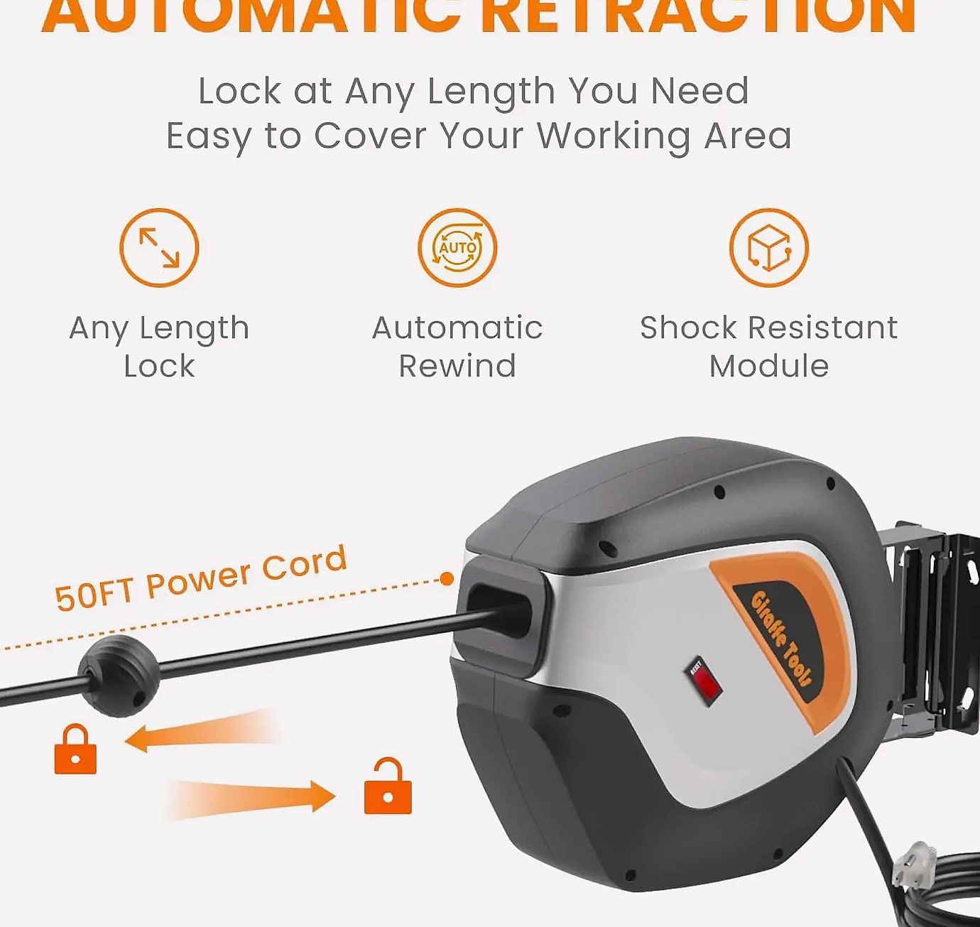 Giraffe Tools 50ft Retractable Power Cord Reel Wall Mount