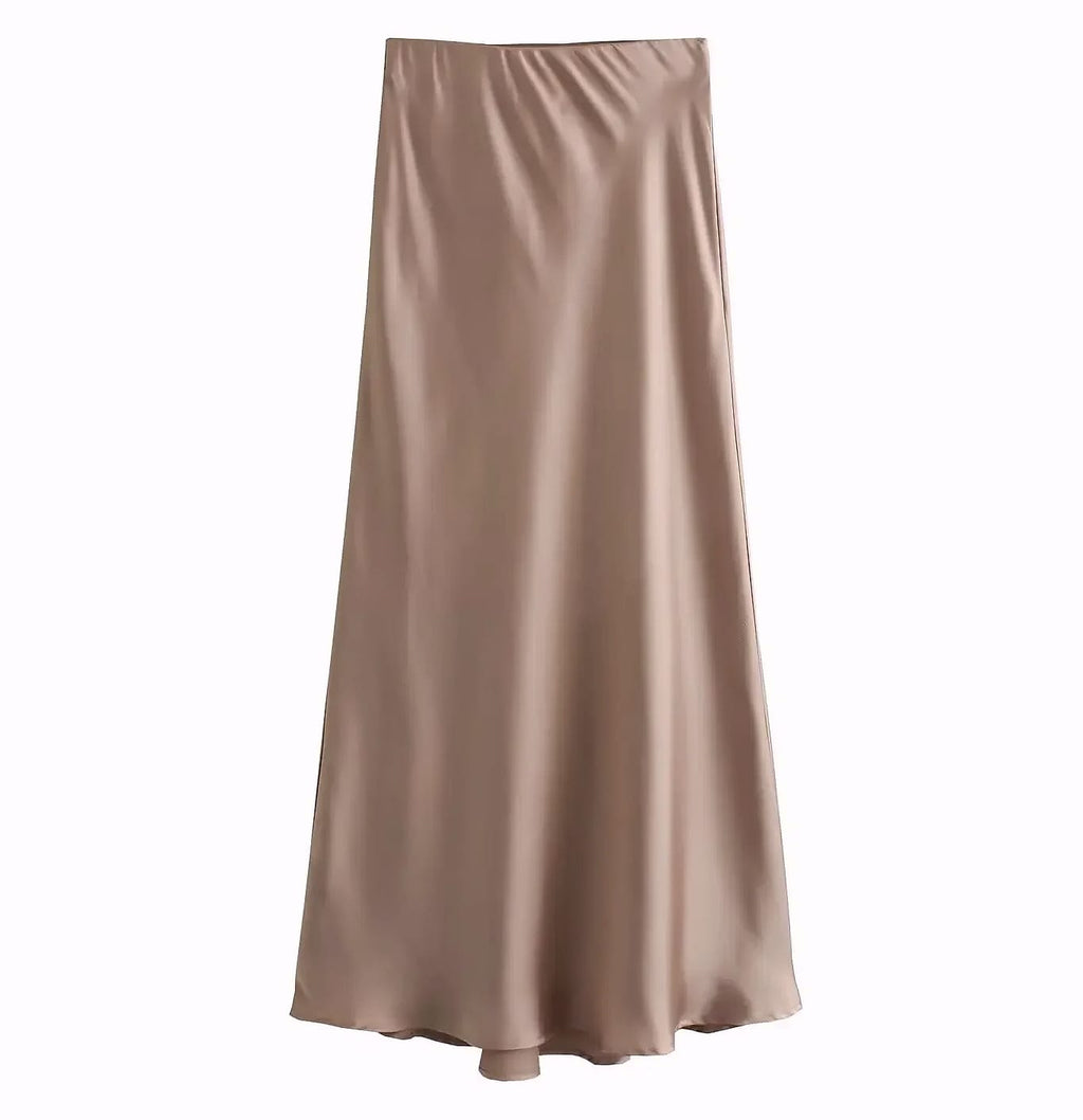 Willshela Women's Satin Pleated Midi Skirt Elastic Waist