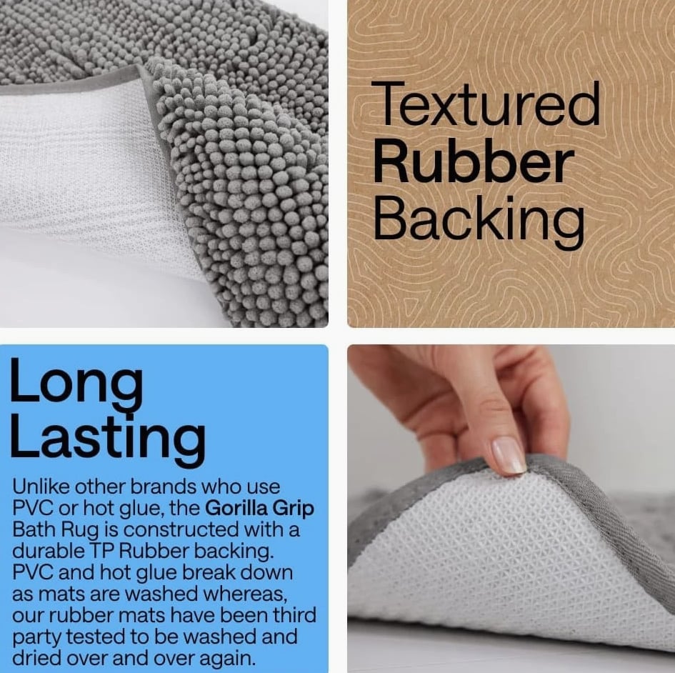 GORILLA GRIP Bath Rug Mat 30X20, Thick Soft Absorbent Chenille, Quick-Dry Microfiber