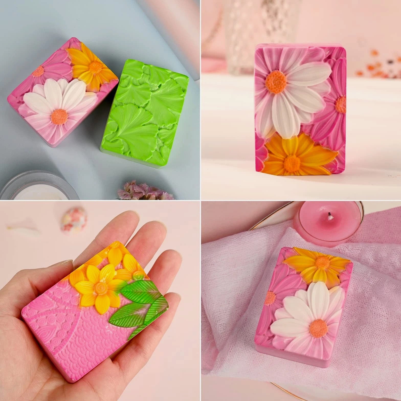 2 Pack Silicone Soap Molds, Rectangle Soap Making Mold, 3D Rectangular Flower Pattern