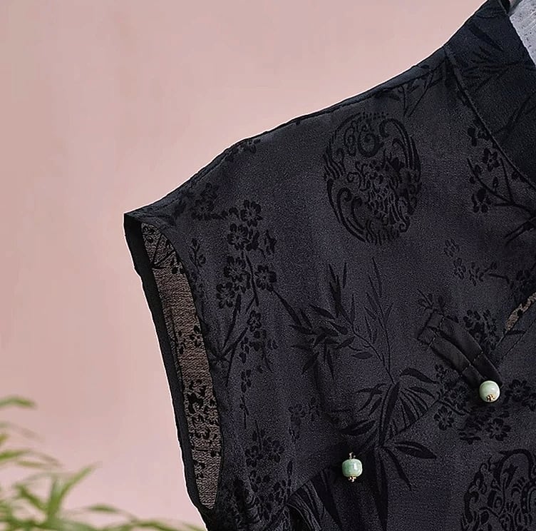 Retro Cheongsam Short Sleeve Top Black Jacquard Women's Shirt