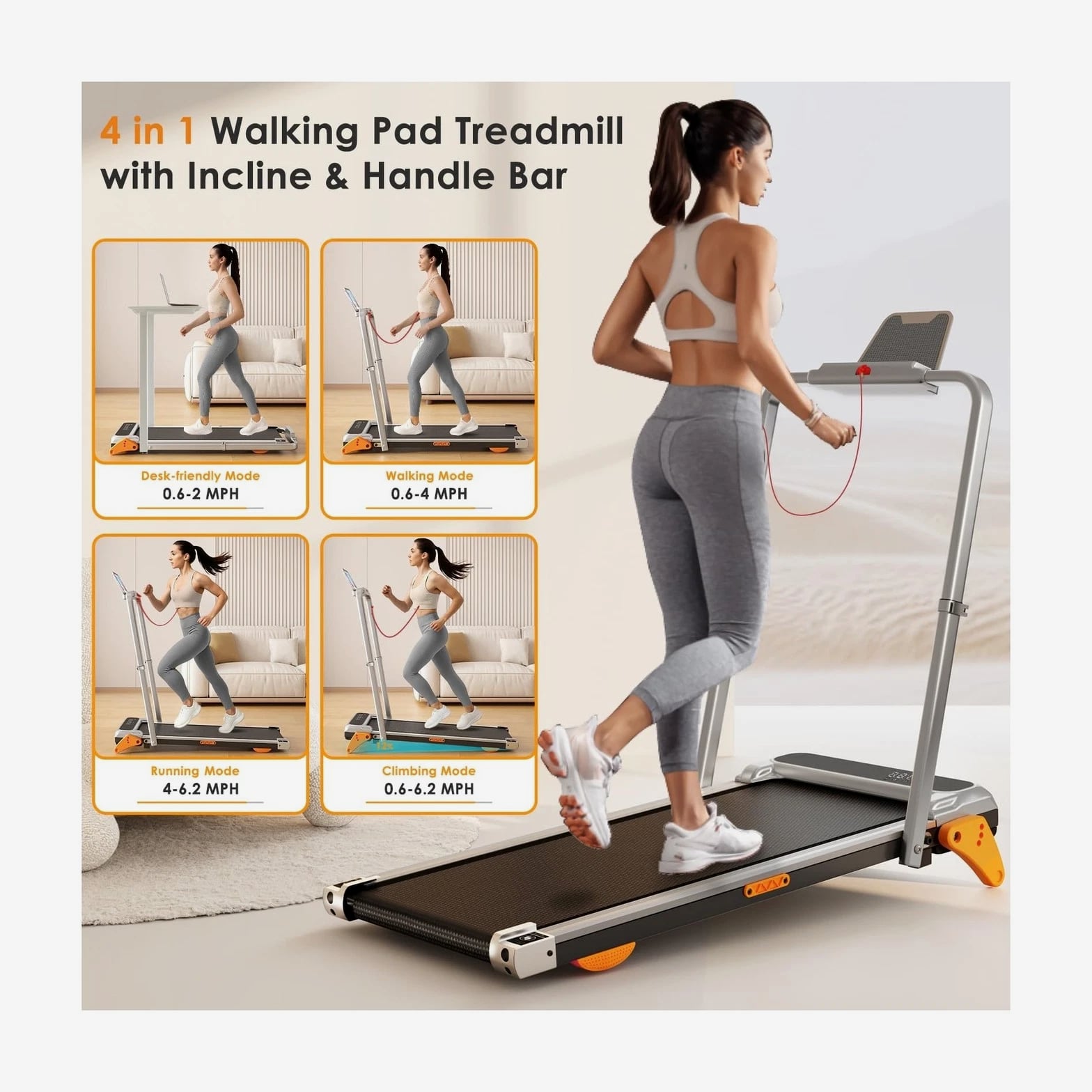 Walking Pad with Incline - Portable Treadmill with Handle Bar for Home Office U...