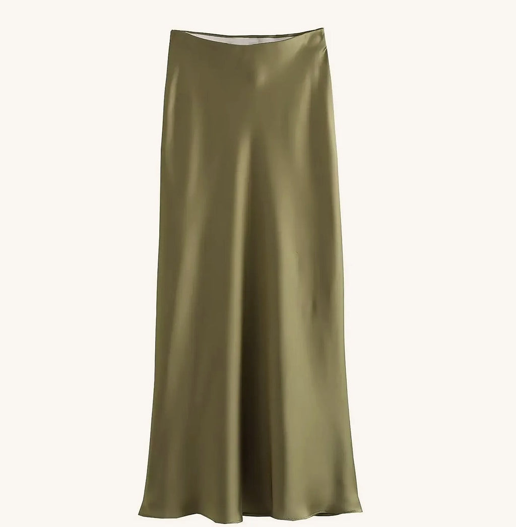 Willshela Women's Satin Pleated Midi Skirt Elastic Waist