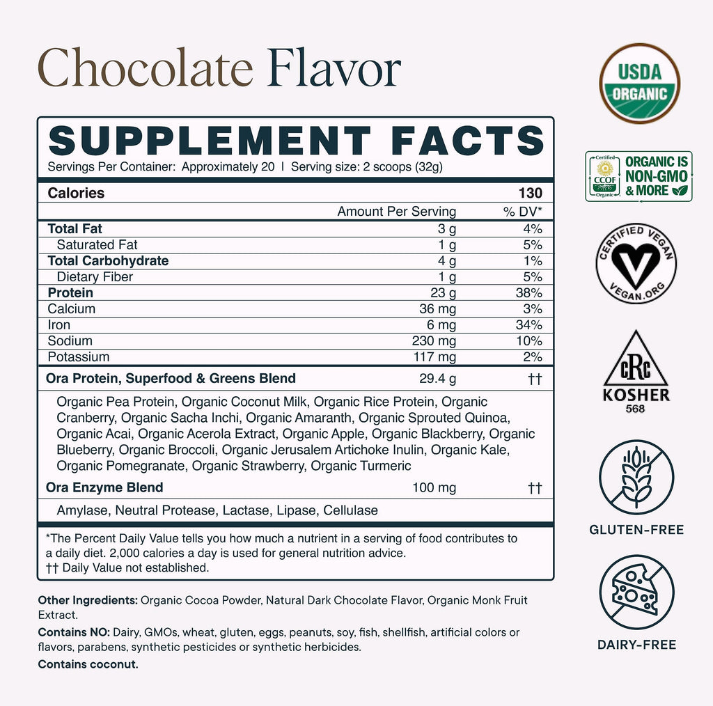 Ora Organic Vegan Protein Powder, 23g Plant Protein, Chocolate