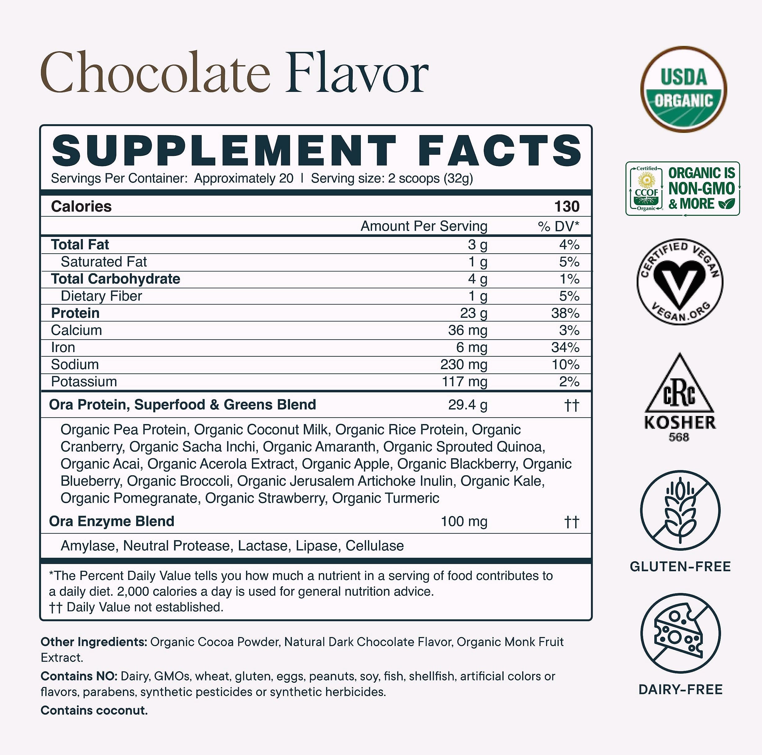 Ora Organic Vegan Protein Powder, 23g Plant Protein, Chocolate