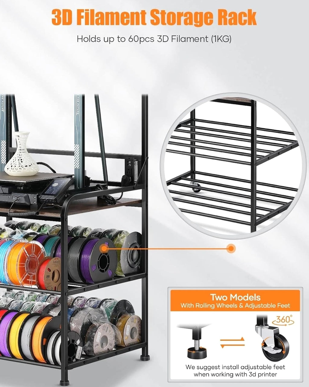 3D Printer Rack with Rolling Wheels, Filament Organizer for Garage & Workshop