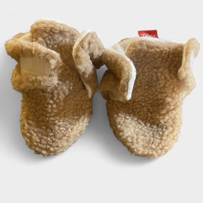 Baby Sherpa Booties Beige Plush Fleece Hook and Loop Soft Sole Shoes 3-6 Months