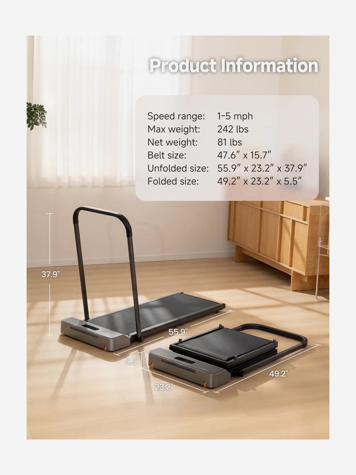 WalkingPad Foldable Walking Pad with Handle Bar, Treadmill for Home Office, Under Desk