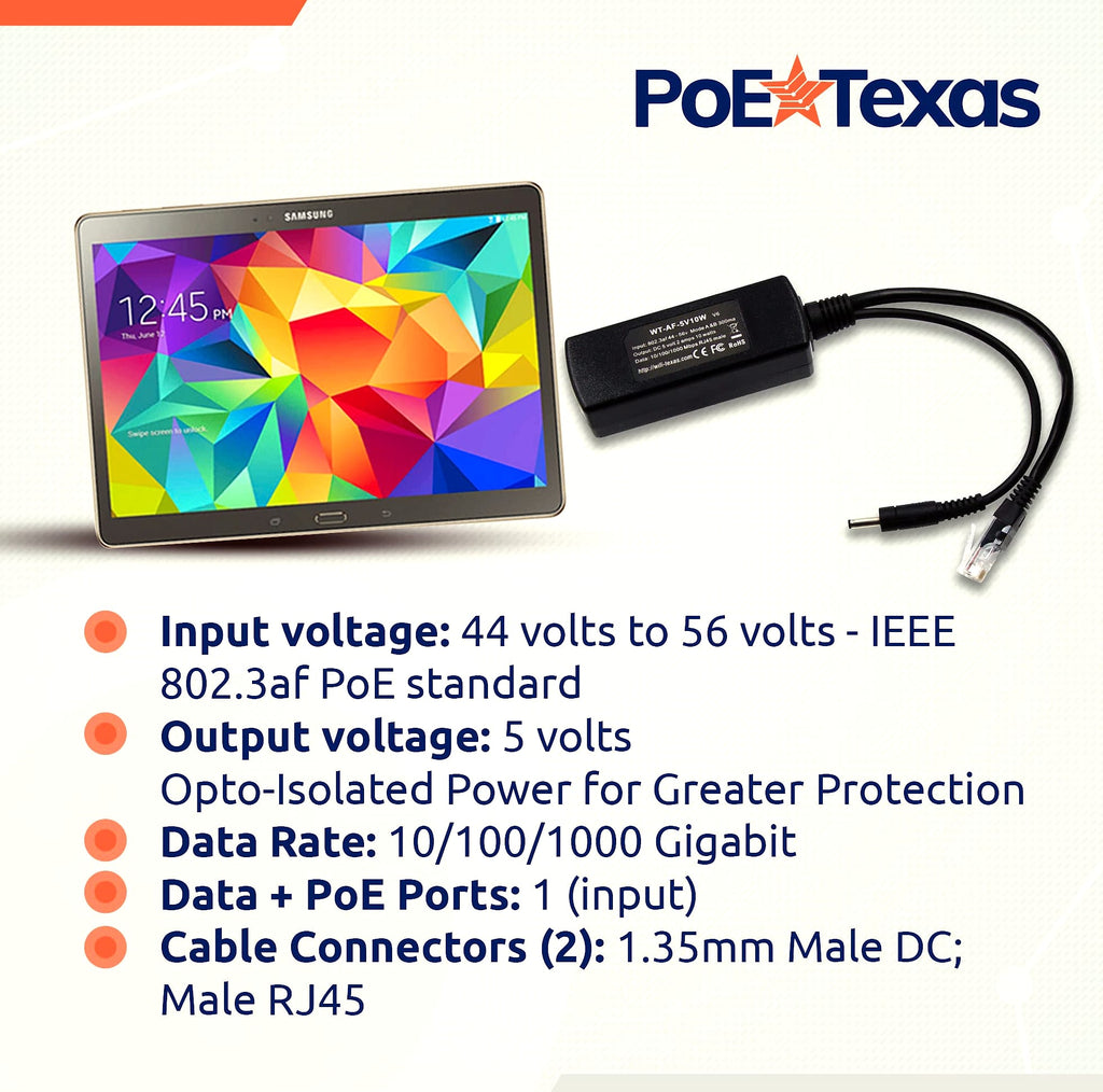 PoE Texas 802.3af Power Over Ethernet PoE Splitter with 5 Volts 10 Watts Output - for 5V Non-PoE Security Camera and Devices Like Foscam, Sonoff, Tablet, USB, Dropcam, Raspberry Pi and Others