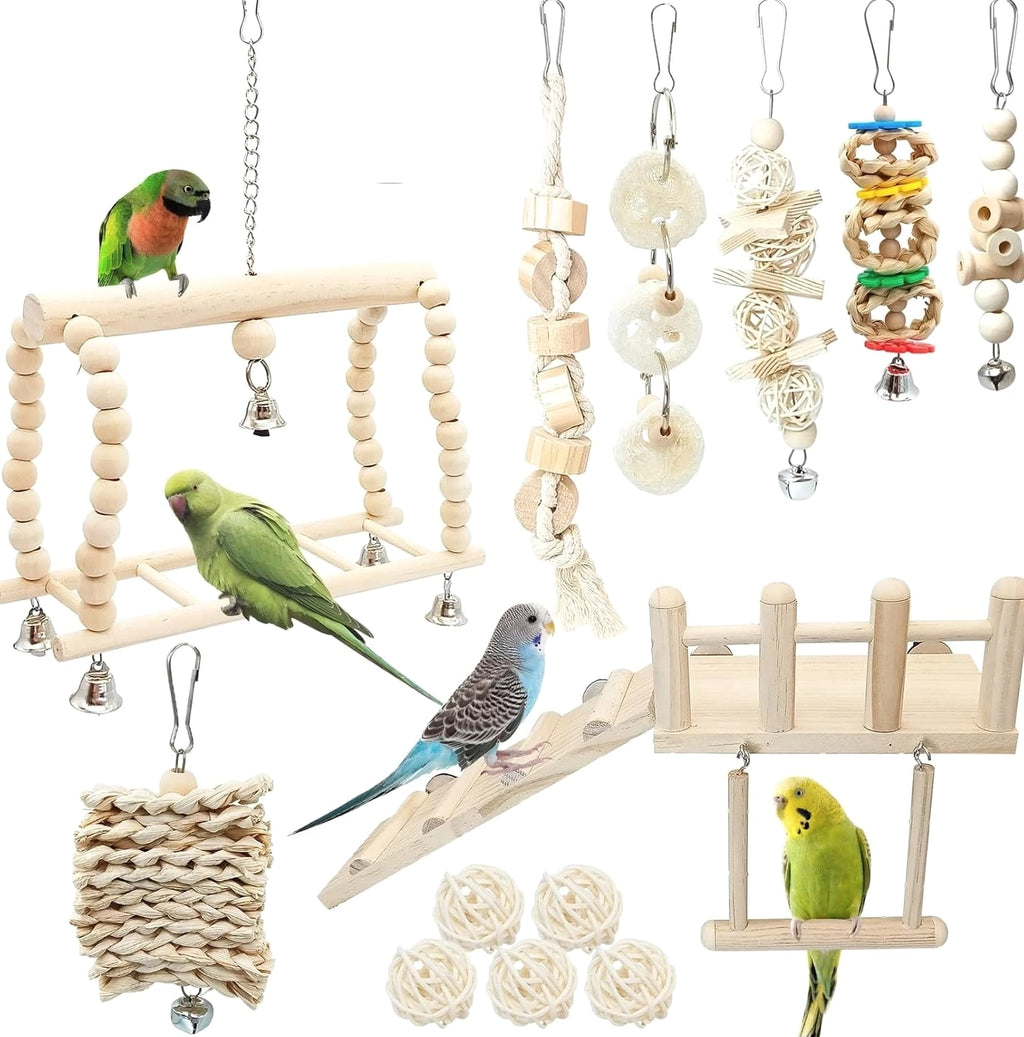 13PCS Hanging Bird Toys Set with Perches and Chew Toys - Perfect for Parakeets