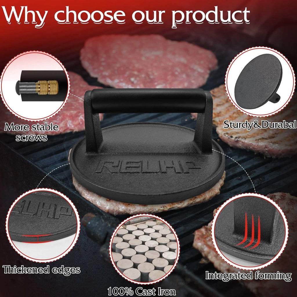 Burger Smasher 6.5" Round Smash Burger Press Heavy-Duty Cast Iron Smash Burge...